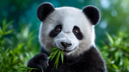 Panda happily chews on bamboo in vibrant green forest. Close-up reveals expressive eyes and gentle demeanor, evoking charm of wildlife. Concept of nature conservation, animal tourism, ecotourism.の素材
