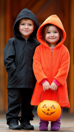 Two kids dressed in Halloween costumes stand outdoors smiling at camera. Autumn background with wooden architecture creates a festive atmosphere.の素材
