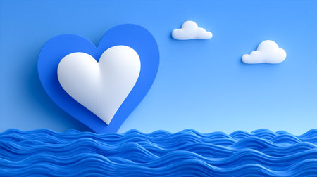 Heart shape floats above simulated ocean waves under a bright blue sky with fluffy clouds. This setting embodies love and nature scenes. Concept of romance, creativity, digital design.の素材