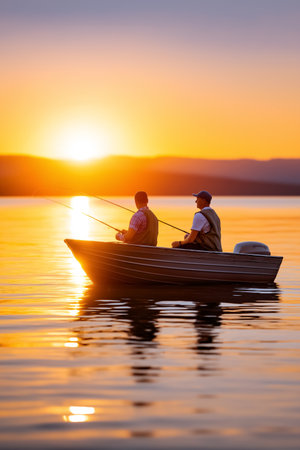 Father and son enjoying fishing together on calm lake during sunrise. Golden mist creates serene atmosphere, with warm backlighting. Concept of family bonding, outdoor recreation, travel.の素材