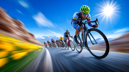 Cyclists propel forward on winding road surrounded by mountains and vibrant flowers. Bright sunlight casts dynamic shadows, creating a competitive atmosphere.の素材