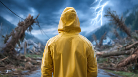 Individual clad in yellow raincoat gazes at dramatic storm with lightning and uprooted trees. Somber landscape evokes feelings of reflection and resilience.の素材
