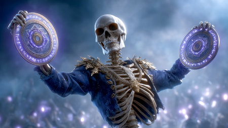 Skeleton poses with glowing circular objects in a dramatic environment. Enigmatic atmosphere enhanced by soft purple lights. Concept of fantasy, entertainment, gaming.の素材