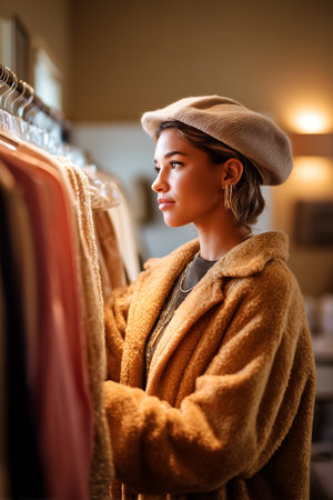 Woman layers vintage pieces on rack while exploring clothing options. Cozy boutique with warm lighting creates inviting atmosphere. Concept of fashion retail, thrift shopping, vintage clothing.の素材