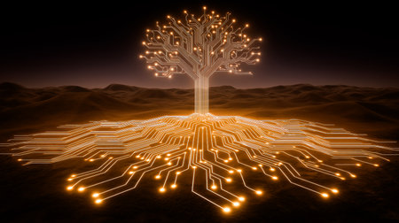 Glowing tree made of circuit lines rising from desert-like base. Digital environment symbolizes technology and innovation. Concept of tech startups, digital marketing, innovation.の素材