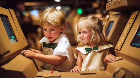 Two children immersed in creative play inside a cardboard spaceship, showcasing imaginative interaction. Brightly lit environment with playful decorations encourages exploration.の素材