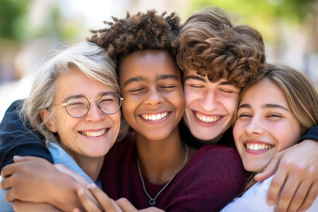 Four friends embracing and smiling joyfully in a bright outdoor environment. Their expressions reflect happiness and togetherness. Concept of friendship, social connection, community bonding.の素材