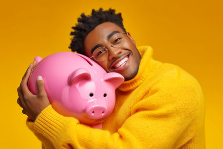 A man is smiling while hugging a pink piggy bank. The background is a vibrant yellow, creating a cheerful and optimistic setting. Concept of personal finance, savings strategy, budget planning.の素材
