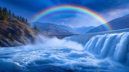 Waterfall flows powerfully into river with rainbow shimmering above. Rocky terrain surrounds picturesque scene with lush greenery, capturing nature's beauty.の素材