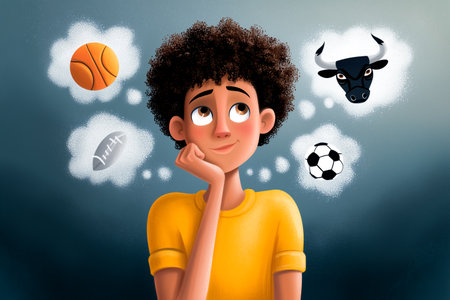 Child with curly hair pondering various sports including basketball football and soccer. Colorful thought bubbles above head depicting sports icons. Concept of youth engagement education creativity.の素材