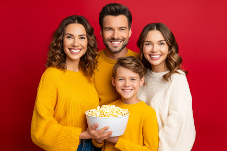 Parents and children holding large bowl of popcorn while laughing joyfully. Warm, cozy atmosphere with red background emphasizes family enjoyment. Concept of entertainment, family bonding, cinema night.の素材