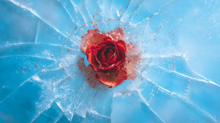 Red rose breaks through shattered ice against a blue background. Stunning composition showcases resilience and beauty. Concept for art, design, and floral industries.の素材
