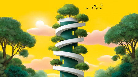 Spiral-shaped building integrates nature with trees adorning its balconies. Vibrant yellow sky at sunset enhances the serene atmosphere. Concept of architecture, sustainability, urban development.の素材