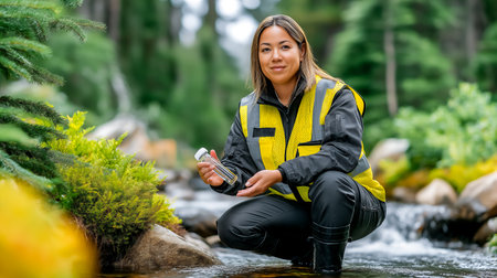 Woman crouches by clear stream, collecting water sample in glass bottle. Surrounded by vibrant green foliage and rocky banks. Concept of environmental science, conservation, outdoor research.の素材