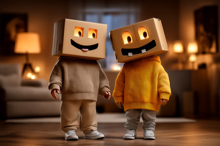 Two animated characters with box heads smile warmly at each other in a cozy living room adorned with soft lighting. Concept of animation, creativity, child-friendly designs.の素材