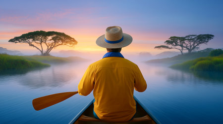 Canoeing person paddles gently on serene river as sunrise casts warm hues across the water. Lush trees frame tranquil scene, evoking nature's beauty.の素材