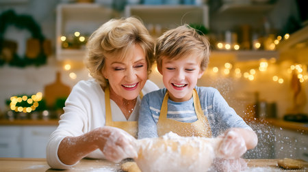 Grandmother and grandson mix ingredients joyfully in flour-filled kitchen. Warm atmosphere with fairy lights creating a cheerful space. Concept of family bonding, cooking, holiday celebrations.の素材