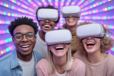 Friends wearing virtual reality headsets share joyful moments filled with laughter. Colorful light backdrop enhances lively atmosphere. Concept of entertainment, technology, social interaction.の素材