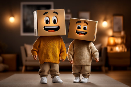 Children dressed in cozy sweaters with cheerful cardboard box heads creating a fun atmosphere. Comfortable indoor location features warm lighting and a relaxed ambiance.の素材