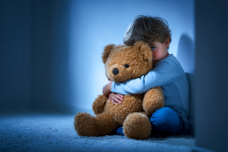 Child sits in corner holding teddy bear, conveying a sense of comfort and safety. Soft blue lighting enhances calm setting. Concept of childhood, comfort, emotional support.の素材