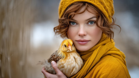 Woman holding fluffy yellow chick close to her face, showing a connection with the small bird. Setting features tall golden grass, creating a serene outdoor ambiance.の素材