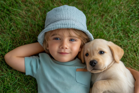 Young boy relaxes on soft grass while cuddling cheerful puppy. Bright day ambiance with lush green surroundings. Concept of family, childhood joy, pet companionship.の素材