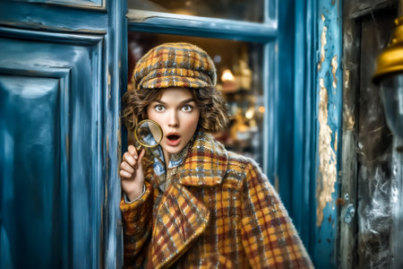 Woman dressed as Sherlock Holmes peeks around the corner with a magnifying glass, showing an expressive surprised look. Vintage plaid coat enhances cozy autumn setting on an old London street.の素材