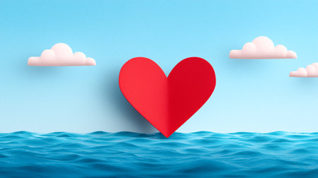 Red heart floats on tranquil ocean waves with clear blue sky and fluffy clouds in background. This delightful setting evokes feelings of love and joy.の素材