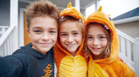 Three children smiling and looking at camera while wearing bright dinosaur costumes. Cheerful atmosphere on porch in residential neighborhood. Concept of childhood, playtime, family fun.の素材