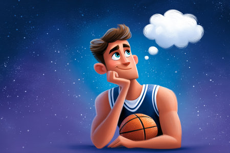 Young man stars thoughtfully while holding a basketball. Cosmic background creates dreamlike atmosphere. Concept of sports, motivation, teamwork, creativity.の素材