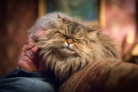 Man relaxing in warm living room with fluffy Persian cat comfortably settled on his shoulder. Soft decor creates inviting atmosphere. Concept of companionship, pet care, senior living.の素材
