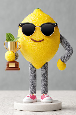 Lemon character wearing stylish sunglasses holds champion trophy with confident stance. Playful setting emphasizes fun personality. Concept of creativity, branding, awards.の素材