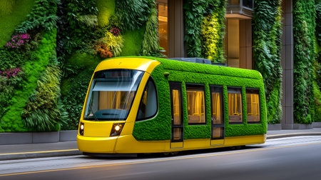Bright yellow tram moves smoothly along the city path, embraced by vibrant vertical gardens on building facade. Urban environment emphasizes eco-friendly transportation.の素材