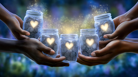 Hands of diverse individuals hold illuminated jars filled with coins, glowing hearts shining inside. Enchanting setting with colorful background. Concept of charity, community, philanthropy.の素材