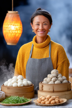 Vendor woman smiling at charming street stall with steaming bamboo baskets of dim sum. Warm lantern light creates inviting atmosphere. Concept of food industry, local cuisine, street food.の素材