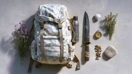 Backpack with survival essentials neatly placed on neutral surface. Items include knife, water bottle, compass, and natural elements like flowers and stones.の素材