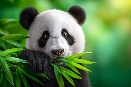 Panda eats bamboo in a lush, vibrant setting. Soft green background enhances peaceful ambiance. Concept of wildlife conservation, animal attraction, nature photography.の素材