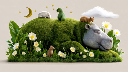 Hippopotamus lying peacefully on lush green hillside with small animals frolicking around. Soft floral accents and whimsical clouds create a tranquil atmosphere.の素材