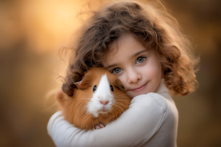 Girl embraces guinea pig with a warm smile, showcasing a strong bond between pet and owner. Soft golden hues in background enhance feelings of happiness and connection.の素材