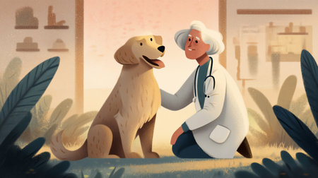 Veterinarian kneels beside the joyful golden retriever, gently stroking its fur. Bright clinic interior with plants creates a welcoming environment.の素材