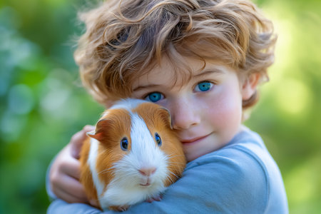 Young boy holding guinea pig close, displaying warmth and care. Lush green background enhances the bond between child and pet. Concept of pet care, family moments, animal companionship.の素材