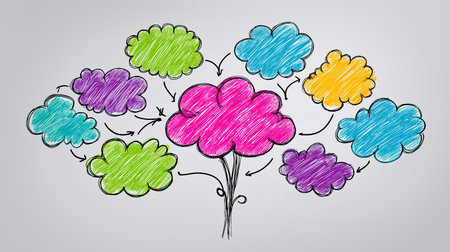 Colorful cloud shapes branching out from a central pink cloud illustrate a brainstorming session. Bright and playful design invites creativity in workshops and educational settings.の素材
