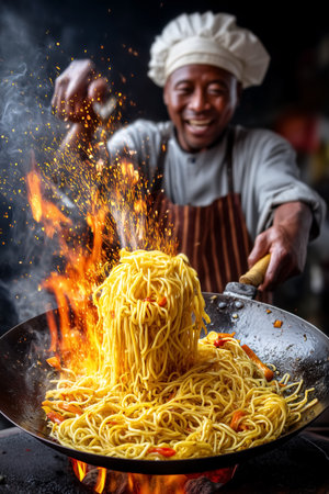 Street vendor tosses wok-fried noodles in a burst of flames while smiling joyfully. Background is lively with intense cooking action. Concept of food culture, street cuisine, culinary arts.の素材