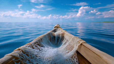 Canoe floats on tranquil water with fishing net resting inside. Bright blue sky filled with clouds creates a serene atmosphere. Concept of fishing, nature exploration, outdoor adventure.の素材