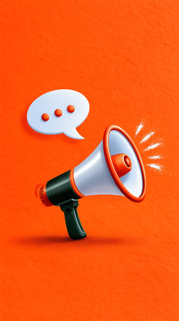 Megaphone emits glowing speech bubble conveying messages. Bright orange backdrop enhances visibility of design. Concept of communication, marketing, advertising, outreach.の素材