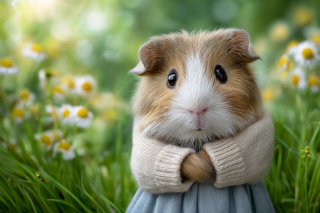 Adorable guinea pig in cozy sweater stands in vibrant meadow filled with yellow flowers. Gentle sunlight creates a cheerful atmosphere. Concept of pet care, animal comfort, and nature appreciation.の素材