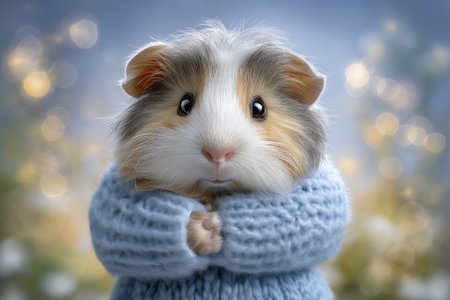 Guinea pig wrapped in blue sweater looks at camera with curious expression. Cozy indoor setting with soft bokeh lights creates a warm atmosphere. Concept of pet care, animal companionship, small pets.の素材