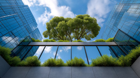 Green treetop emerges above modern glass buildings, showing a blend of nature and architecture. Bright blue sky enhances urban landscape.の素材