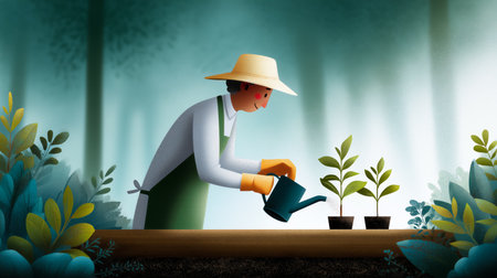 Gardener waters young saplings in vibrant green surroundings, creating a nurturing atmosphere with lush foliage. Concept of gardening, nature conservation, sustainable practices.の素材