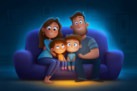 Family of four embracing on couch while watching bright screen in cozy dark room. Ideal concept for family entertainment, home comfort, lifestyle brands.の素材